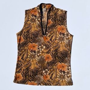 Susan Lawrence Tiger Floral Print V-neck Top Women's Large Y2K 90s 2000s Vintage